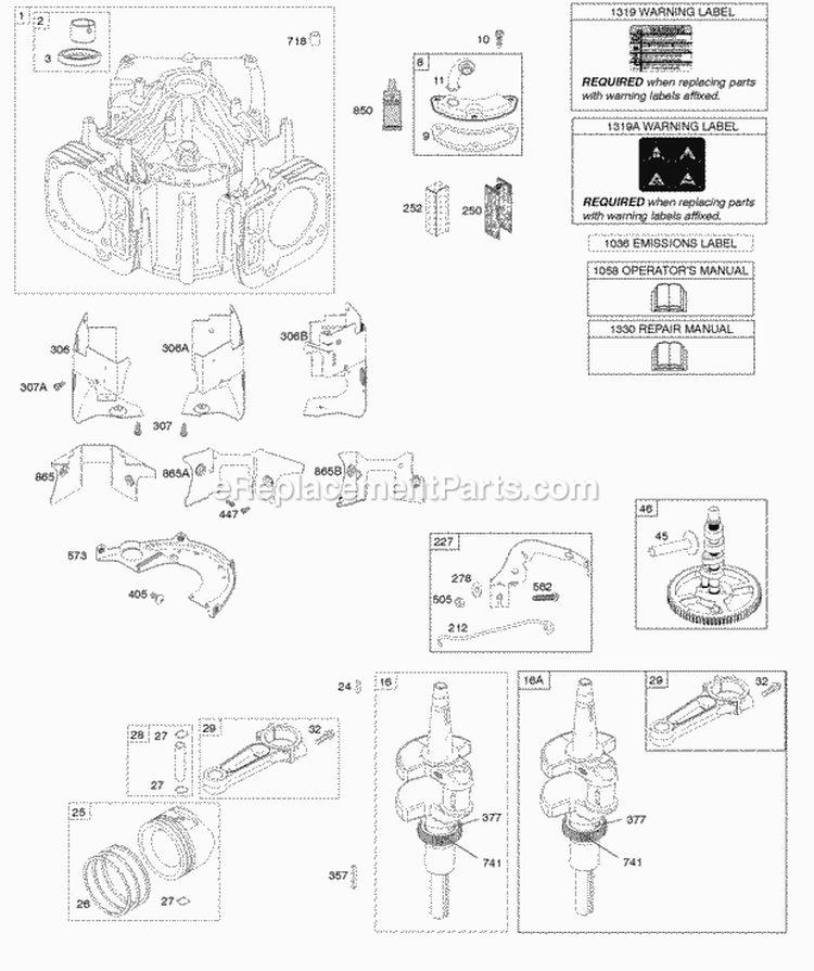 Cylinder Crankshaft Camshaft Air Guides Pistons Rings Connecting Rod Diagram and Parts List for 40H777-0025-G5  Briggs and Stratton Engine